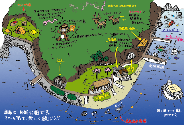 鹿島のマップ。到着桟橋右手にコーラルビーチ、左側には海水浴場などがあります。
