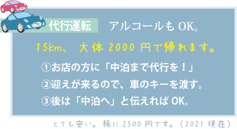 アルコールを飲みたい場合には、代行運転がお勧めです。お店の方に代行お願いしますと一声かければ迎えに来てくれます。