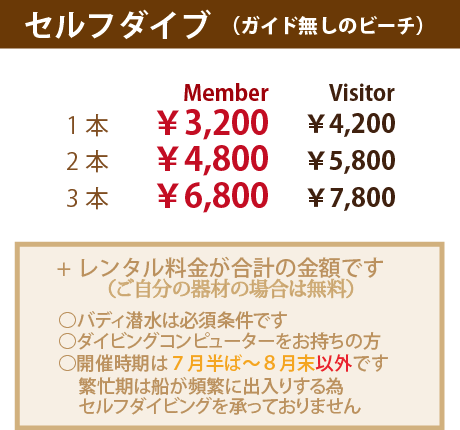 1本は3200円～（会員料金）、ビジター料金で三本潜っても7800円です。